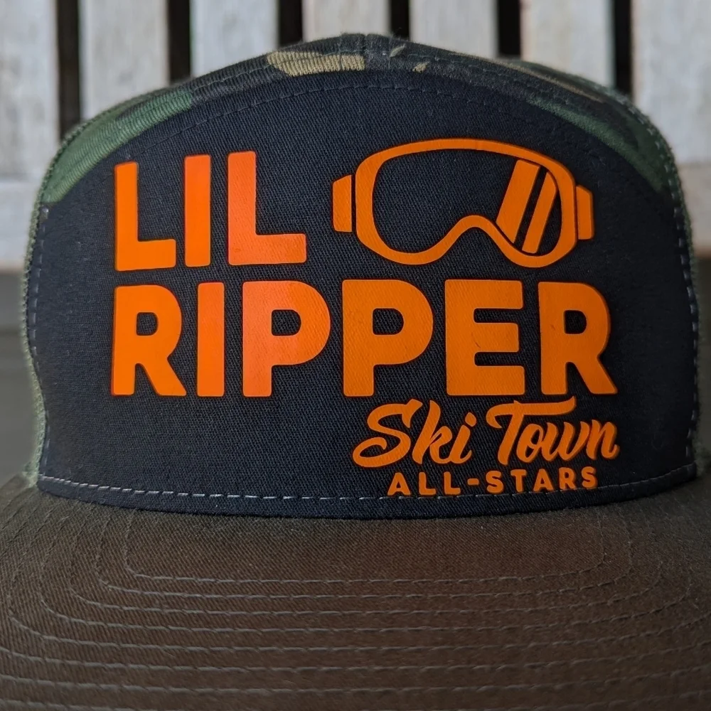 NWOT Ski Town All-Stars Lil Ripper Trucker Hat Camo Flame Orange
